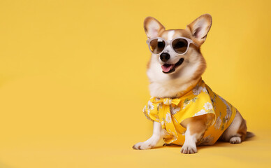 Summer corgi dog wearing yellow clothes and sunglasses, looking at blank empty copy space, over yellow background. AI generative