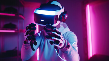 Sleek and futuristic VR gaming with neon lights. Generative AI