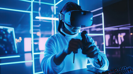 Gaming in a sci-fi environment with VR technology. Generative AI