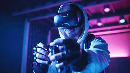 VR headset, gloves, and projector for futuristic gaming. Generative AI