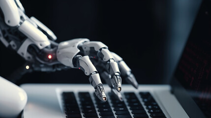 Surreal image of robot hand using laptop with light background. Generative AI