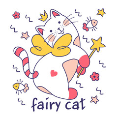 Сute and funny fairy kitty. Adorable feline print for cat lovers. Isolated against a white background. Playful cat with fun magic wand and wings