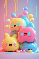 Obraz na płótnie Canvas Kawaii Cute Happy Characters Illustration in Neon Pink, Blue, Yellow Colors.