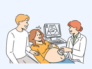 Happy pregnant couple have ultrasound in clinic. Smiling future parents on checkup with doctor in hospital. Pregnancy and parenthood. Vector illustration.  Generative AI