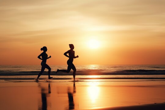 Two runners on beach. Generate Ai