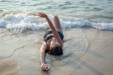 Happy young woman enjoy and fun outdoor activity lifestyle on holiday travel vacation at the sea.