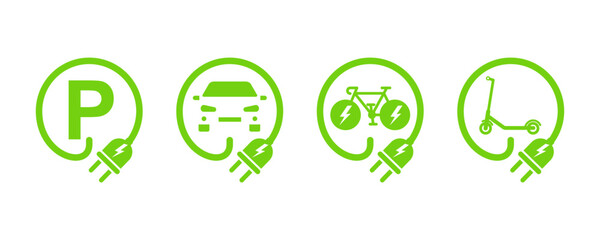 Charging stations vector icons. Charging for bicycle, car and electric scooter. Point eco recharge energy. Green parking.