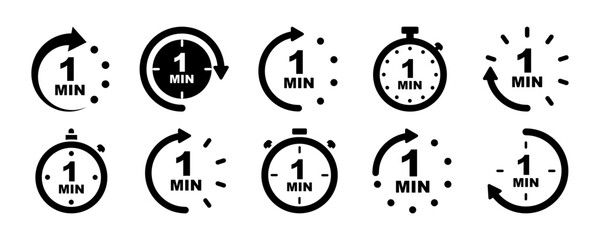 Set of one minute vector icons. Running time. 1 minutes timers. Stopwatch and countdown. Quick clock. - obrazy, fototapety, plakaty