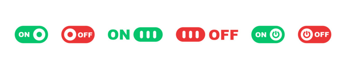 Set of switch button vector icons. Slider or toggle. Green and red on and off button. Active or inactive panel. 