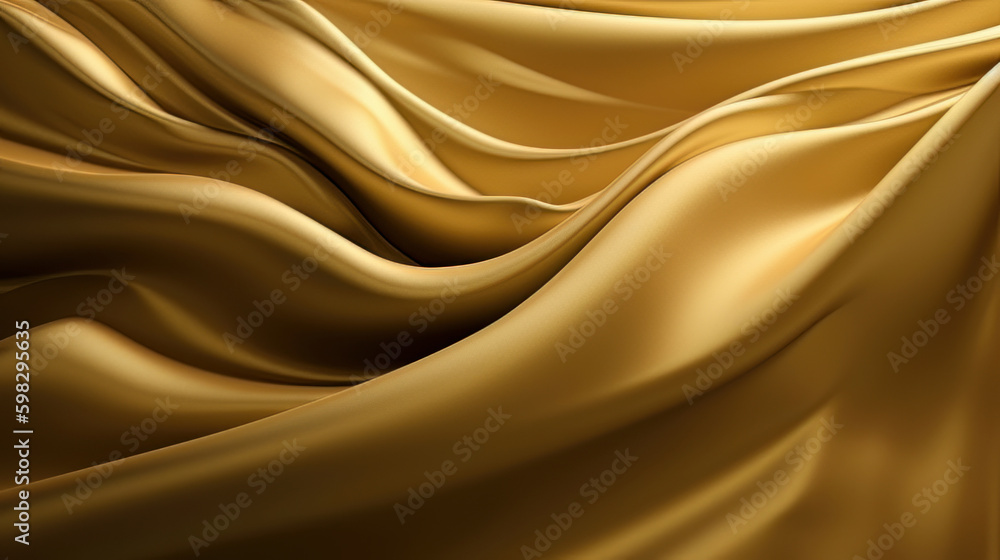 Sticker Luxurious golden silk fabric, flowing in elegant waves, serves as a magnificent background for high-end fashion and sophisticated design projects. Shiny satin drapery. Premium banner. Generative AI