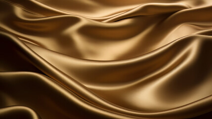 Fototapeta premium Luxurious golden silk fabric, flowing in elegant waves, serves as a magnificent background for high-end fashion and sophisticated design projects. Shiny satin drapery. Premium banner. Generative AI