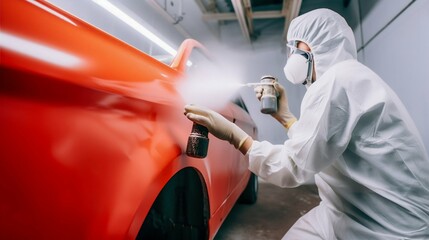 Person Spray Painting Car in Red Color in Special White Painting Box, Wearing Protective Gear. Generative ai