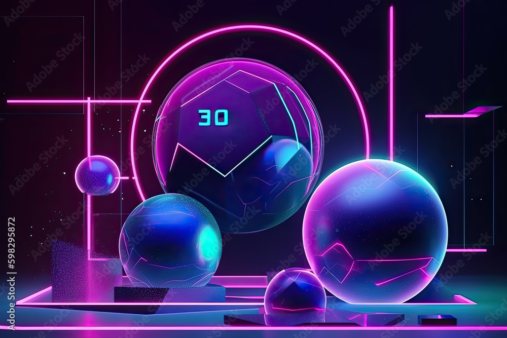 Poster futuristic neon banner with glowing circles and geometric lines and a glass sphere with reflections,