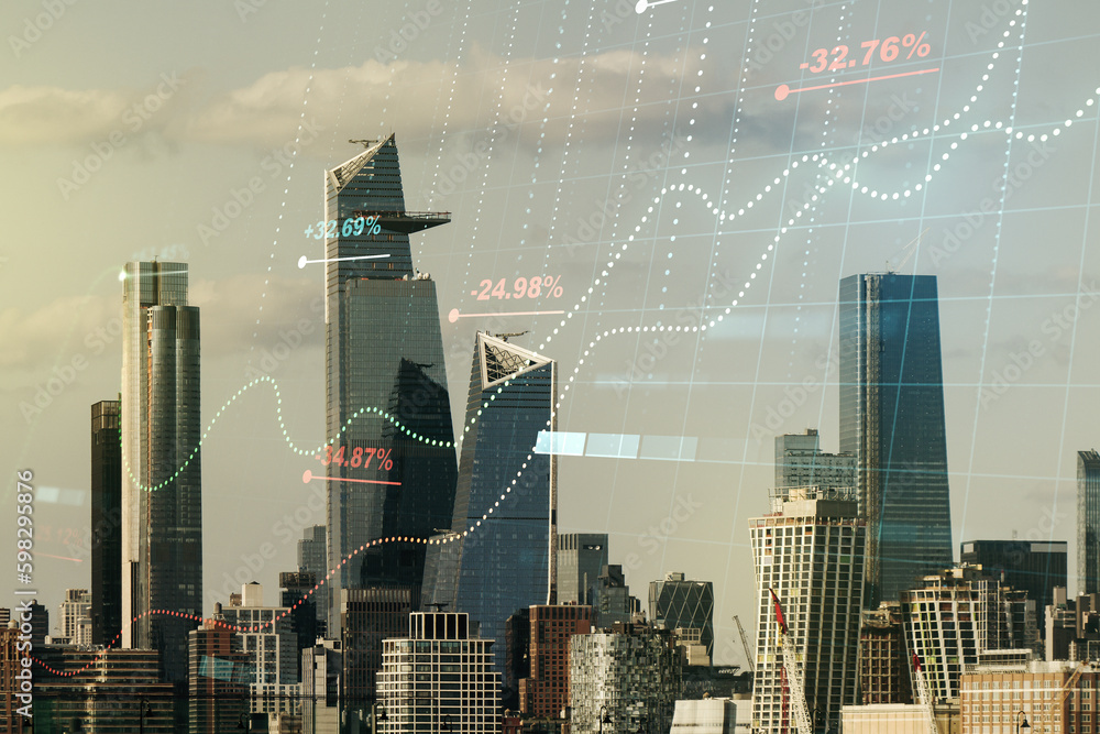 Poster Multi exposure of stats data illustration on New York city skyline background, computing and analytics concept