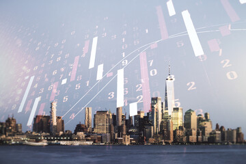 Multi exposure of virtual creative financial chart hologram on New York skyscrapers background, research and analytics concept