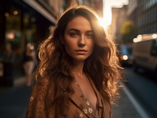 A Young Female Fashion Model Strutting Confidently Down a Busy City Street During Golden Hour created with Generative AI technology