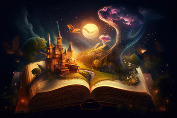 Open book of fairy tales with a castle, an unusual tree, a nebula, mountains, moon and flying butterflies, created with Generative AI © sommersby