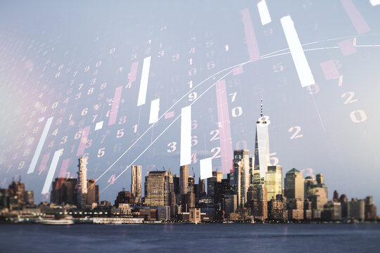 Multi exposure of virtual creative financial chart hologram on New York skyscrapers background, research and analytics concept © Pixels Hunter