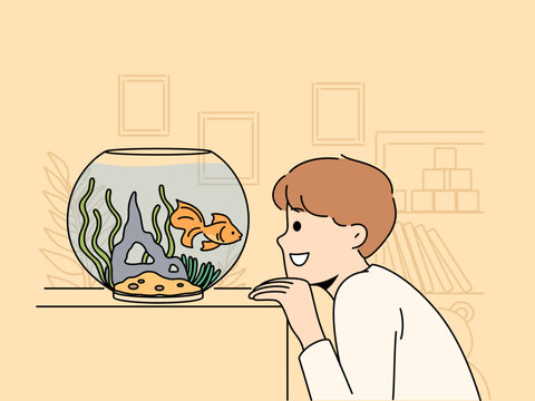 Smiling boy looking at golden fish in aquarium. Cute small child look at goldfish in tank. Hobby and childhood. Vector illustration.  Generative AI