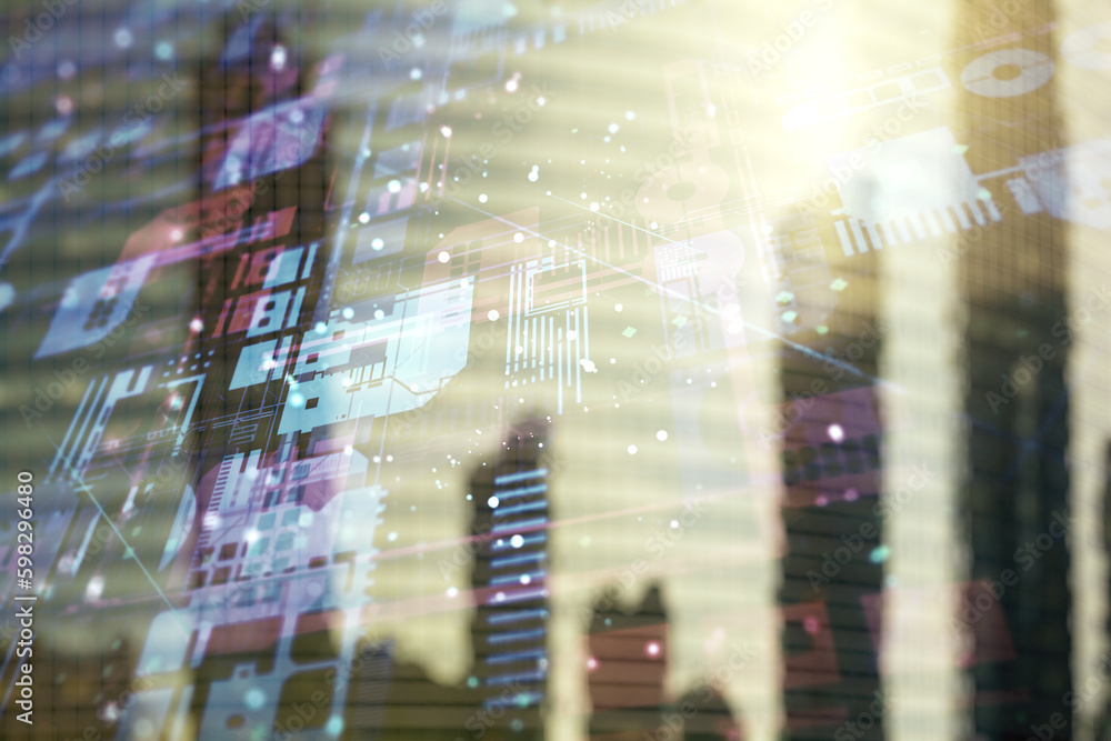 Poster Multi exposure of abstract software development hologram on modern skyscrapers background, research and analytics concept