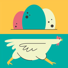 Set of illustrations with chicken and eggs for package design, label or sticker. Running chicken in geometric style. Fresh meat and eggs. Natural products for the preparation of various dishes.