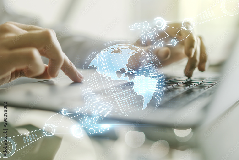 Aufkleber double exposure of robotics technology with world map hologram and hands typing on laptop on backgro