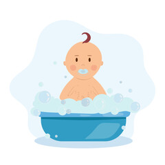 Newborn baby boy with pacifier in bath with soap bubbles. Vector isolated illustration for cute baby designs