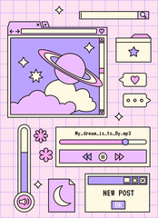 Kawaii vaporwave aesthetic sticker set. Social media stories template design. Abstract retro groovy background pack 80s, 90s style.