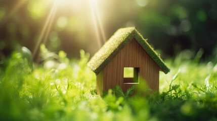 A charming wooden miniature house surrounded by lush greenery showcases an eco-friendly lifestyle, emphasizing the importance of sustainable living and environmental consciousness. Generative AI.