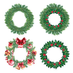 Christmas wreaths with holiday decorations and undecorated. Watercolor handmade. Christmas template for ticket, flyer, postcard, invitation, poster. For labels and packaging, printing and stickers.