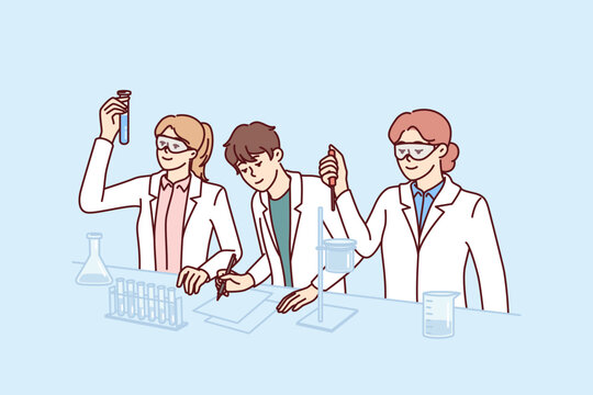 Students conduct experiments in laboratory doing scientific research to prepare for chemistry exam. Guys and girls in white coats stand at laboratory table with flasks filled with Generative AI