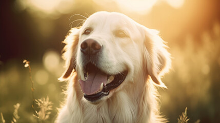 A joyful young Labrador retriever plays gleefully in the sunlit park, embodying the spirit of happiness and friendship that dogs bring to our lives. Happy golden retriever. Canine love. Generative AI.