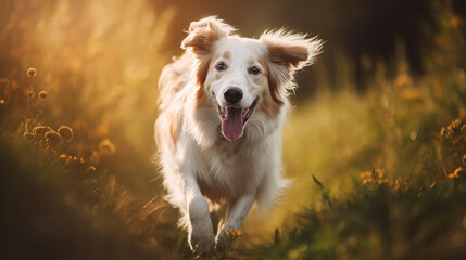A joyful young Labrador retriever plays gleefully in the sunlit park, embodying the spirit of happiness and friendship that dogs bring to our lives. Happy golden retriever. Canine love. Generative AI.