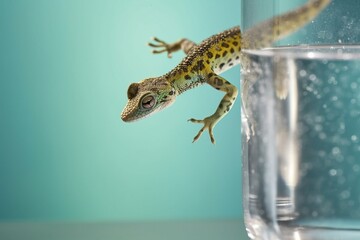 Obraz premium Gecko climbing up a glass surfac