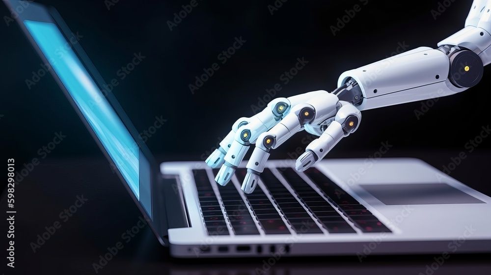 Poster robotic hand pressing a keyboard on a laptop, laptop computer with hand, hand of robot, generative a