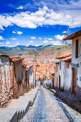 Cusco, Peru. Historic street, colonial architecture, bustling culture in South America.