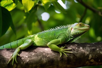 Green iguana perched on a tree branc