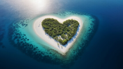An idyllic heart-shaped island captured by a drone, showcasing the beauty of nature as it blends with the blue waters of the Adriatic Sea and the lush green coastline. Generative AI.