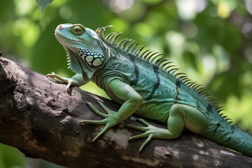 Obraz premium Green iguana perched on a tree branc