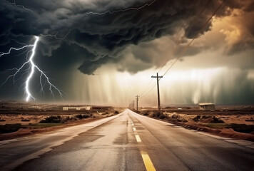 Obraz premium background of stormy weather and lightning on an open country road, in the style of an apocalyptic collage. Country road with lightning and dark clouds. .Photorealistic landscapes. AI