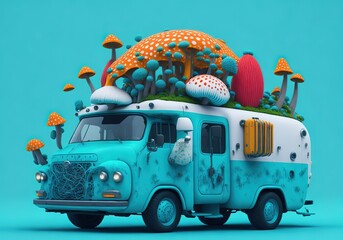 Teal minibus in the night surrounded by mushrooms. Generative A.I	 - obrazy, fototapety, plakaty
