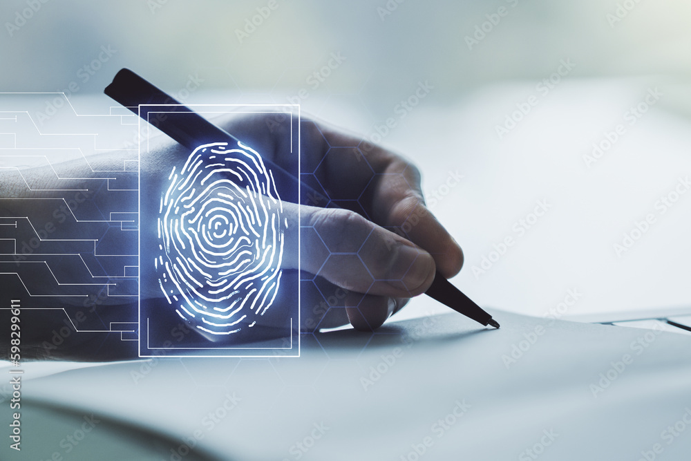Poster abstract creative fingerprint concept with man hand writing in notebook on background. multiexposure