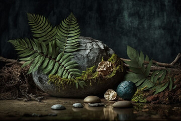 power of the mind and psychic waves. forest to enhance the spiritual aspect. sense of calm and connection with nature. warm tones of the spiritual objects and lighting in the foreground.  Ai