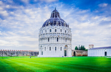 Pisa, Italy. Tuscany travel destination, Baptistery largest in Italia.