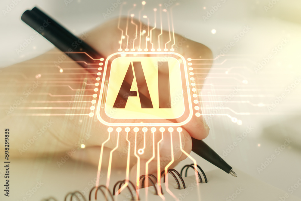 Poster creative artificial intelligence symbol concept with man hand writing in notebook on background. mul