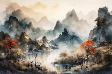 Foto auf Acrylglas Cappuccino Chinese outdoor ink landscape painting