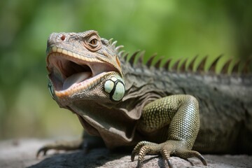 Fototapeta premium Iguana with its tongue ou