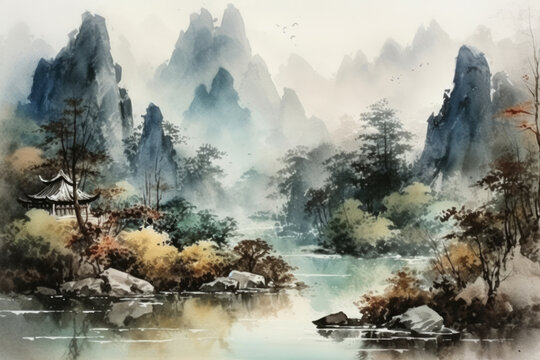 Chinese outdoor ink landscape painting