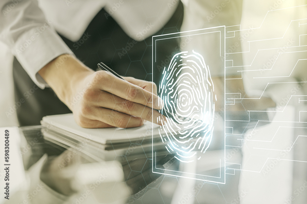 Poster Multi exposure of abstract fingerprint scan interface with man hand writing in notepad on background, digital access concept