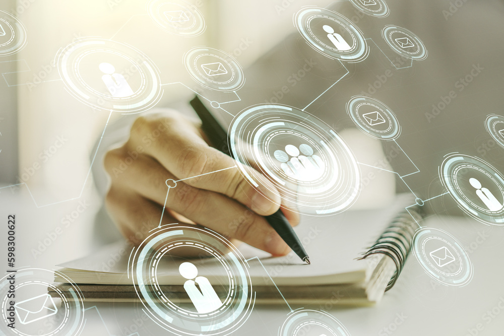 Poster double exposure of social network icons concept with man hand writing in notebook on background. mar